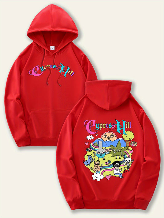 Men'S Fashion Hoodie with Cypress Hill Geometric Cartoon Print - All Season Casual Knit Polyester Sweatshirt with Hood, Drawstring, Kangaroo Pocket, Regular Fit - Unisex Stylish Pullover