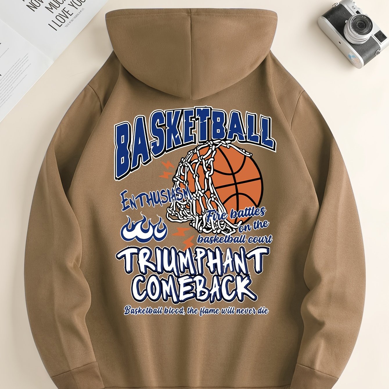Basketball Print Kangaroo Pocket Hoodie, Casual Long Sleeve Hoodies Sweatshirt, Men's Clothing, For Fall Winter