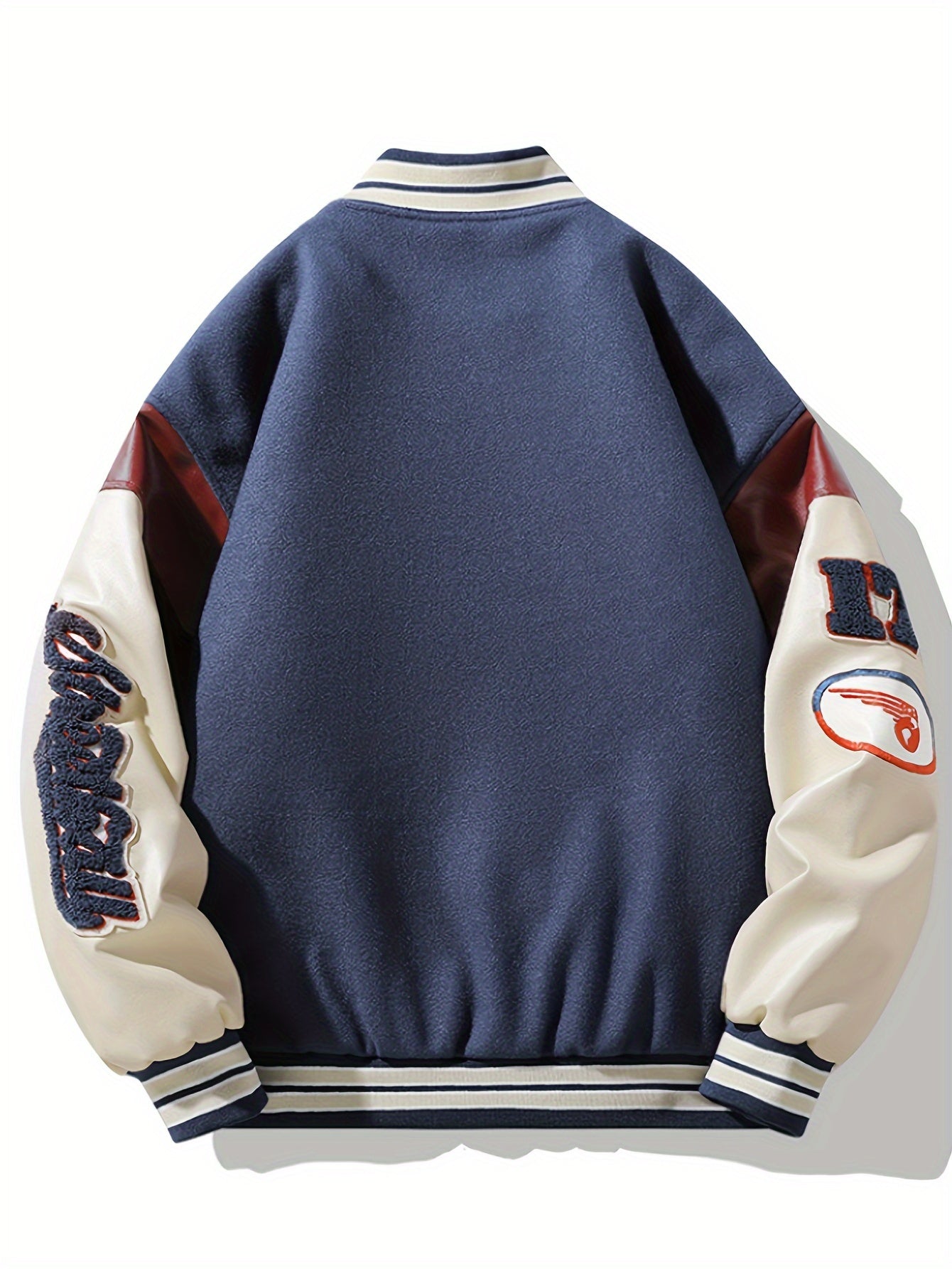 Men's Color Matching Letters Embroidery Striped Baseball Jacket With Pockets, Casual Baseball Collar Button Up Long Sleeve Varsity Jacket For Outdoor
