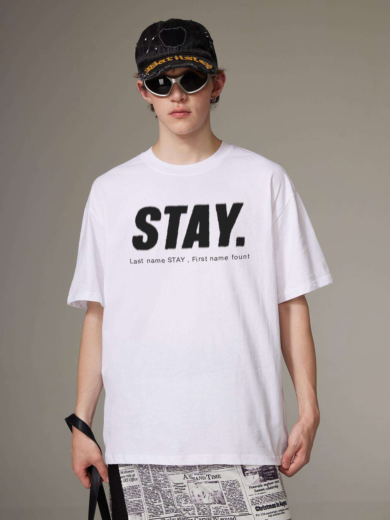 Korean Style Men Tops Kpop Streetwear STAY Print Luxury Cotton Male Tees Oversize Casual Unisex T-shirts Y2k Harajuku