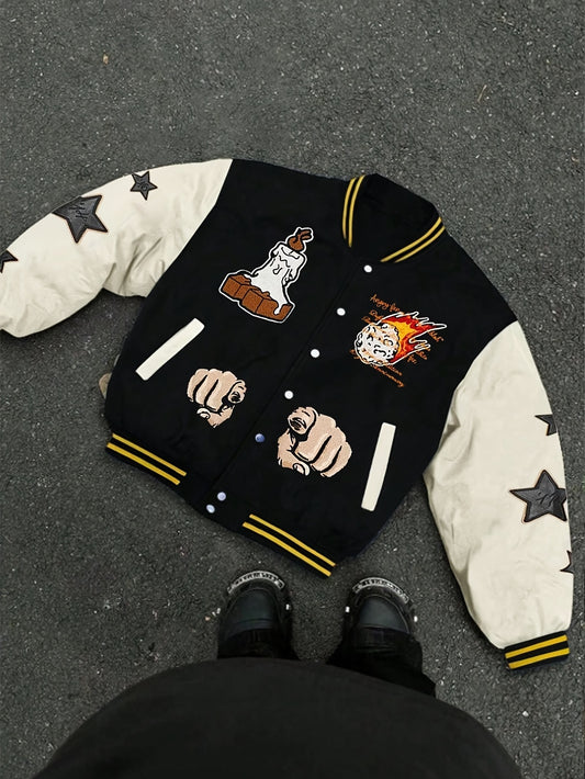 Stylish Autumn Print Casual Baseball Jacket for Couples, Long Sleeve Polyester, Machine Washable, Hong Kong Style, Trendy