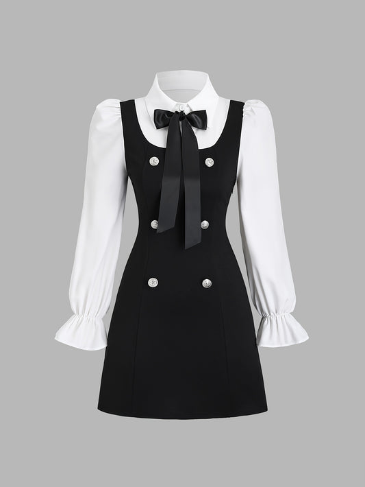 2 In 1 Double-breasted A-line Dress, Chic Bow Neck Long Flounce Sleeve Dress For Spring & Fall, Women's Clothing