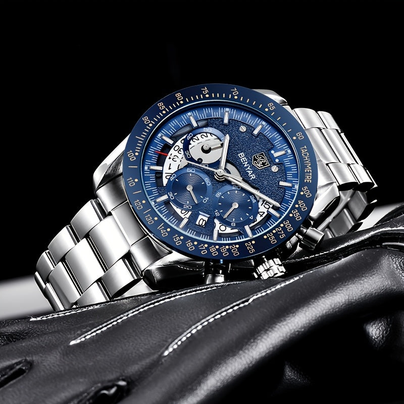 Benyar Chronograph Men's Watch - Analog Quartz Stylish Sports Wristwatch - Elegant Father's Day Gift
