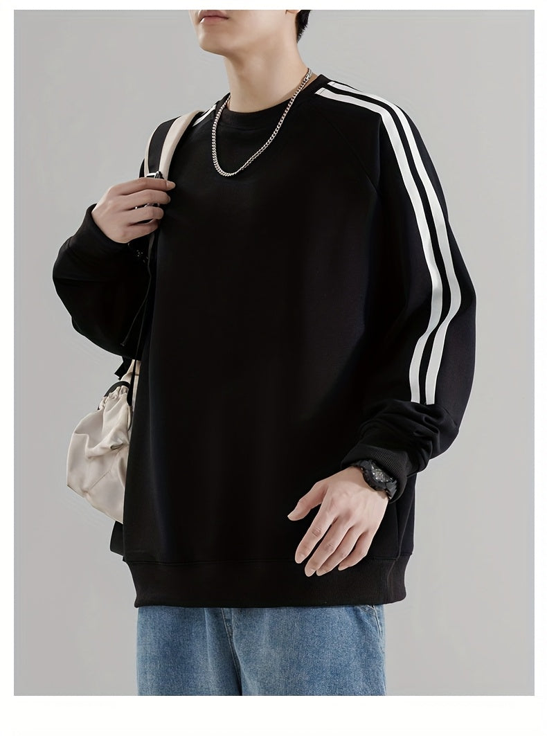 Men'S Casual Crew Neck Hoodie, 100% Polyester Knit Fabric, Solid Color with Side Stripes, Regular Fit, Non-Stretch, 250g/m² - Comfortable and Stylish for Street and Outdoor Activities