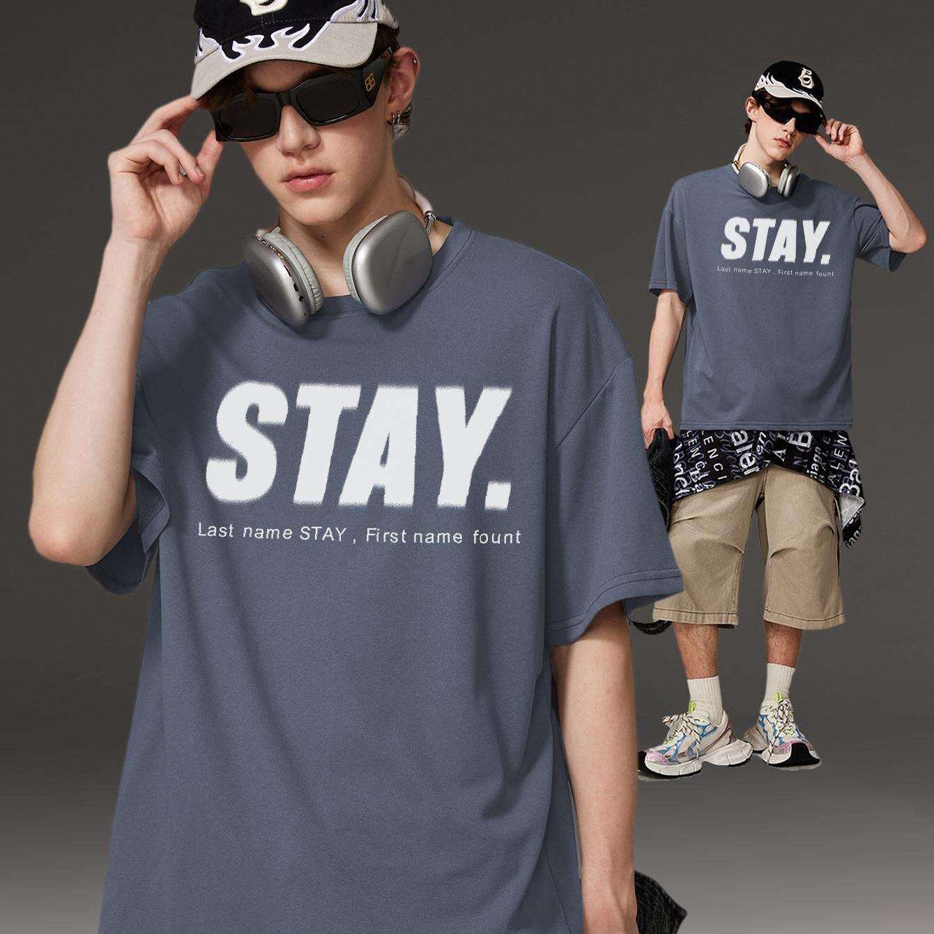 Korean Style Men Tops Kpop Streetwear STAY Print Luxury Cotton Male Tees Oversize Casual Unisex T-shirts Y2k Harajuku