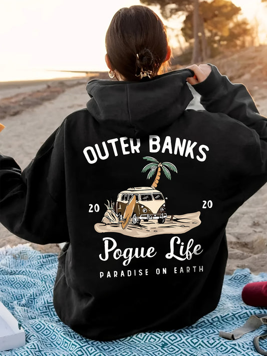 Funny Landscape & Letter Print Kangaroo Pocket Hoodie, Casual Long Sleeve Drawstring Hoodies Sweatshirt for Winter & Autumn, Women's Clothing, Oversized Hoodie