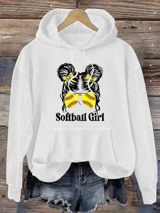 Softball Girl Print Hoodie, Drawstring Casual Hooded Sweatshirt For Fall & Spring, Women's Clothing