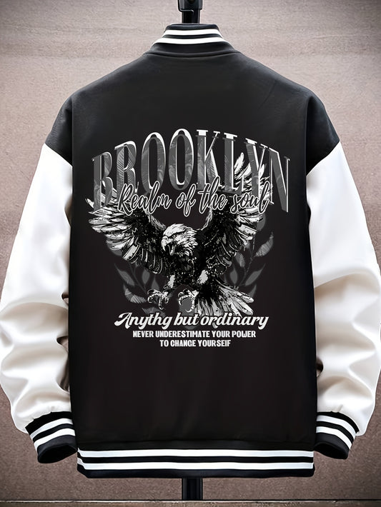 1pc Men'S Casual Polyester Jacket with Snap Closure, Baseball Collar, and Slight Stretch - Loose Fit with Woven Alphabet Print Design for Autumn and Winter, Perfect for Jeans or Sportswear