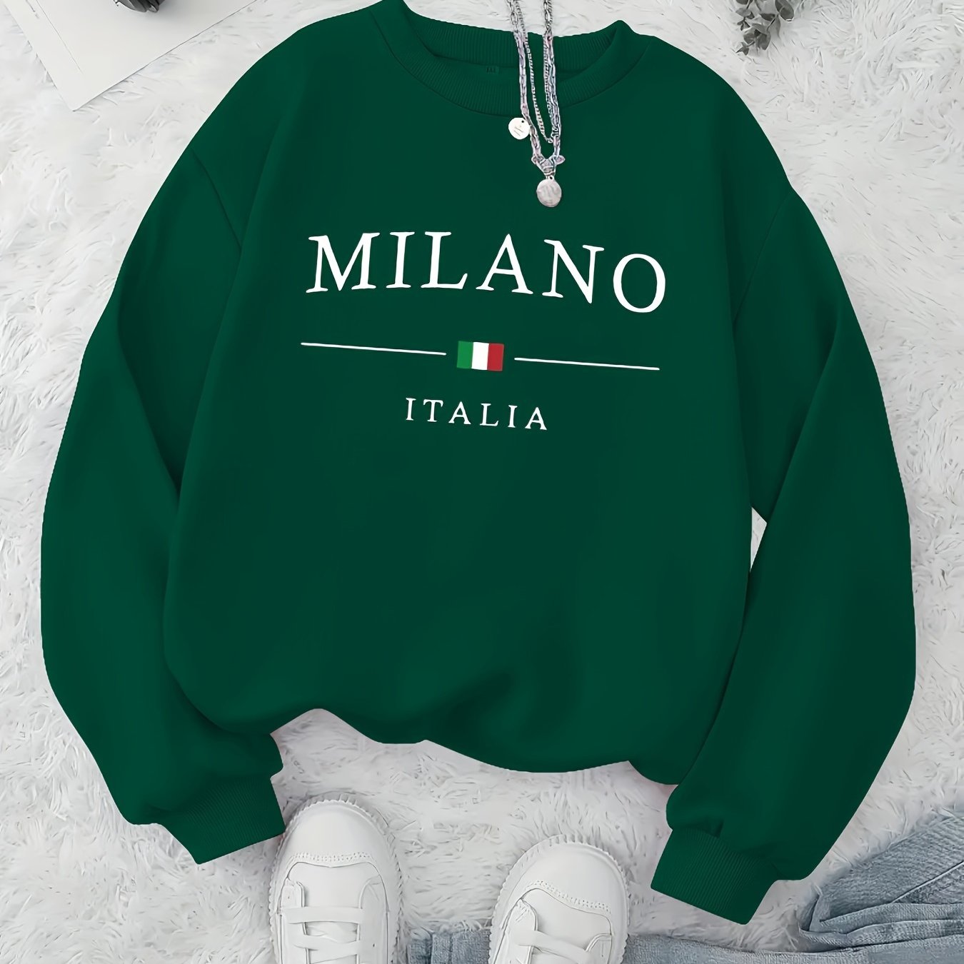 MILANO Print Pullover Sweatshirt, Casual Long Sleeve Crew Neck Sweatshirt For Fall & Winter, Women's Clothing