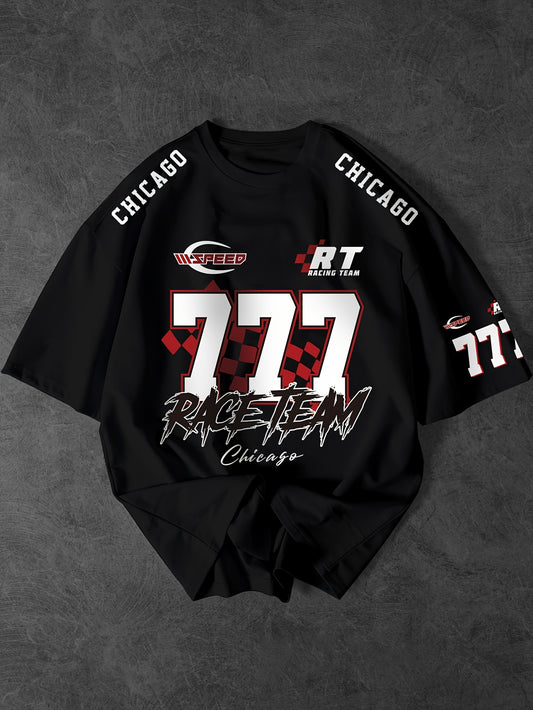 Lucky Number 777 Racing Element Print, Men's Novel Graphic Design T-shirt, Casual Comfy Tees For Summer, Men's Clothing Tops For Daily Activities