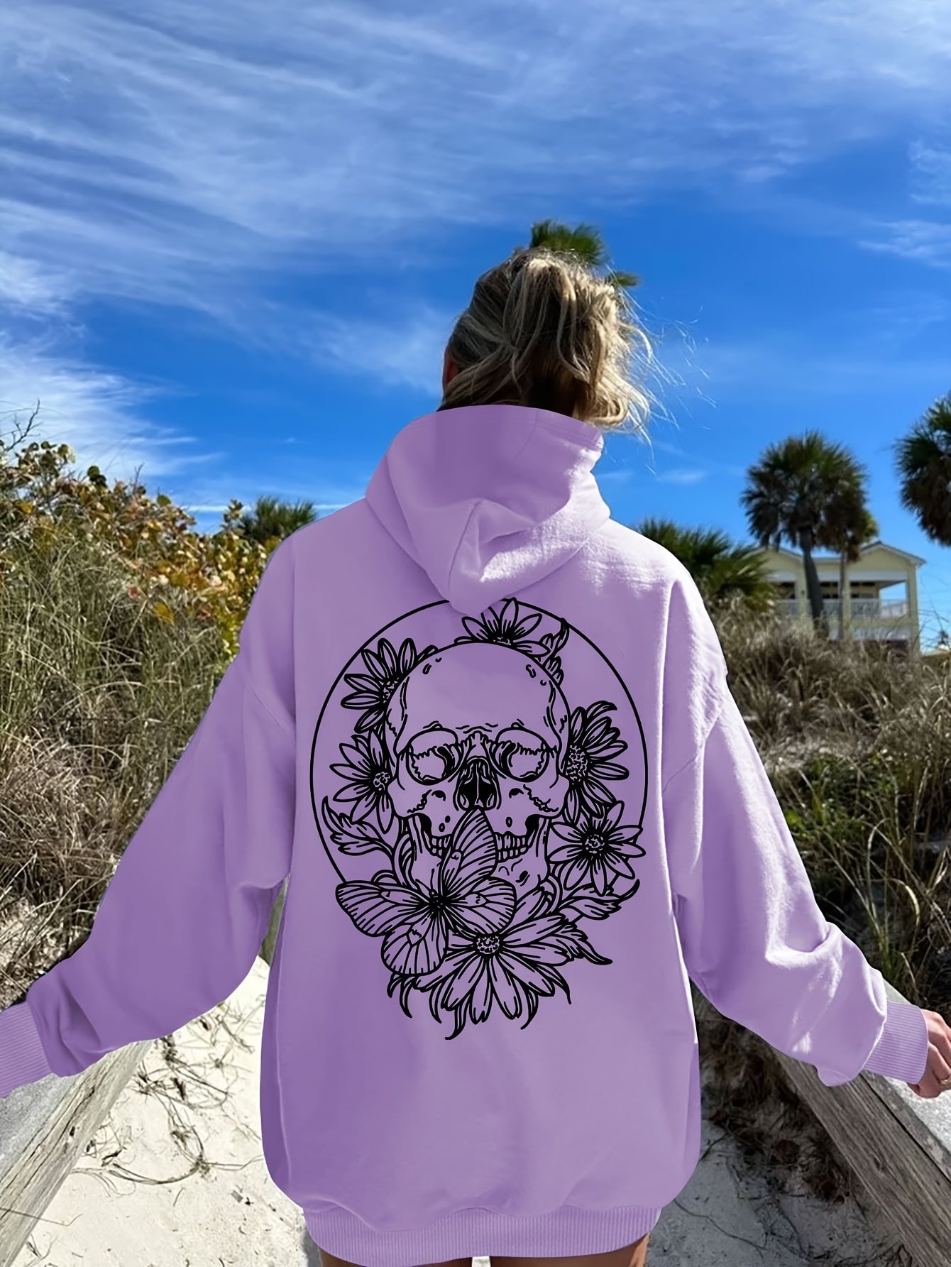 Plus Size Floral Skull Print Hoodie - Casual Oversized Pullover with Long Sleeves, Pocket Detail, Slight Stretch Polyester - Women's Fall/Winter Hooded Knit Sweatshirt