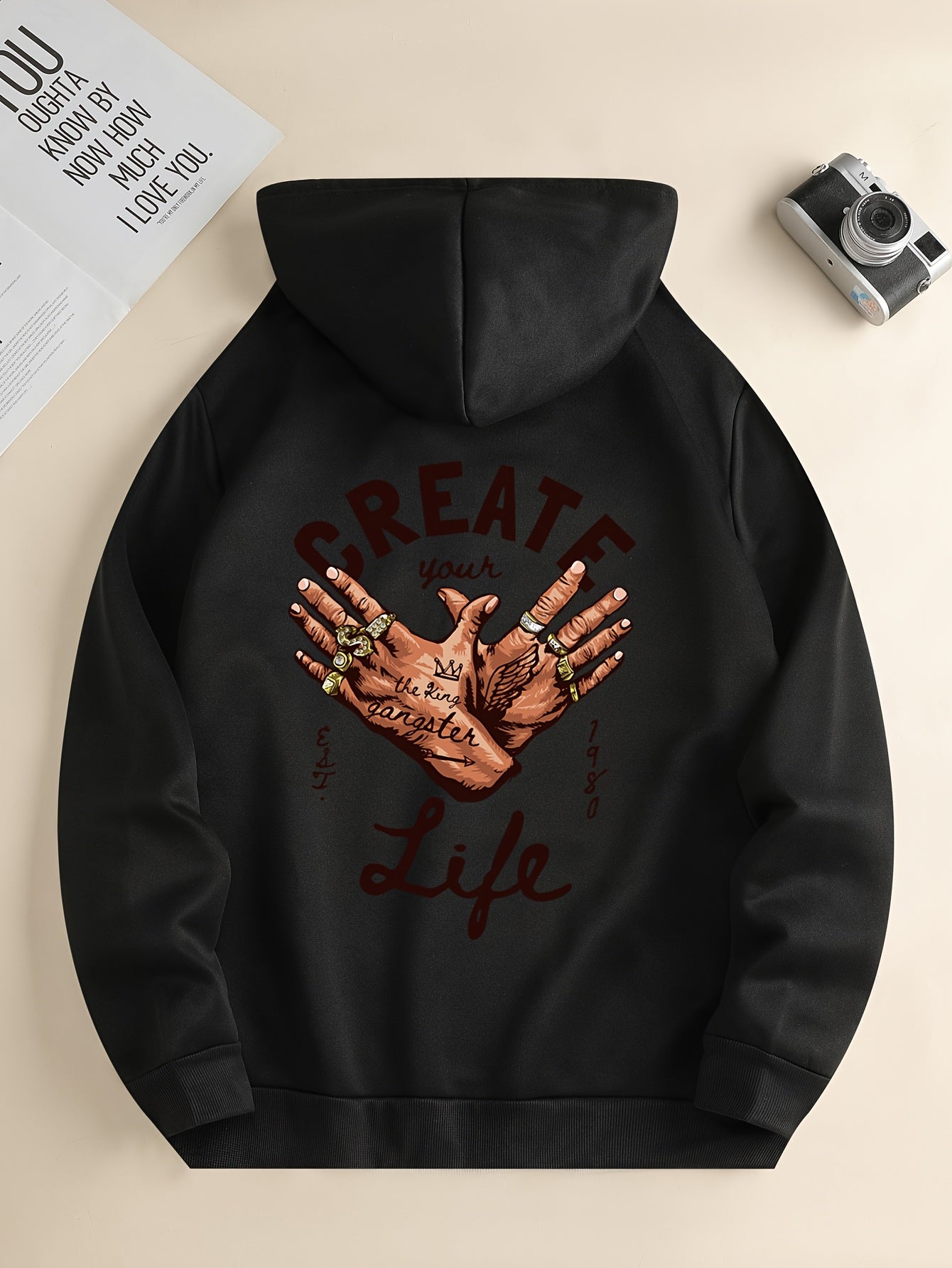 1pc Men'S Casual Street Gang Gesture Print Hoodie, Polyester Knit Fabric with Slight Stretch, Regular Fit Hooded Sweatshirt with Drawstring and Kangaroo Pocket, All-Season Top