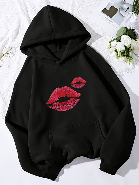 Kiss Lips Print Kangaroo Pocket Hoodie, Casual Long Sleeve Pullover Sweatshirt For Fall & Winter, Women's Clothing