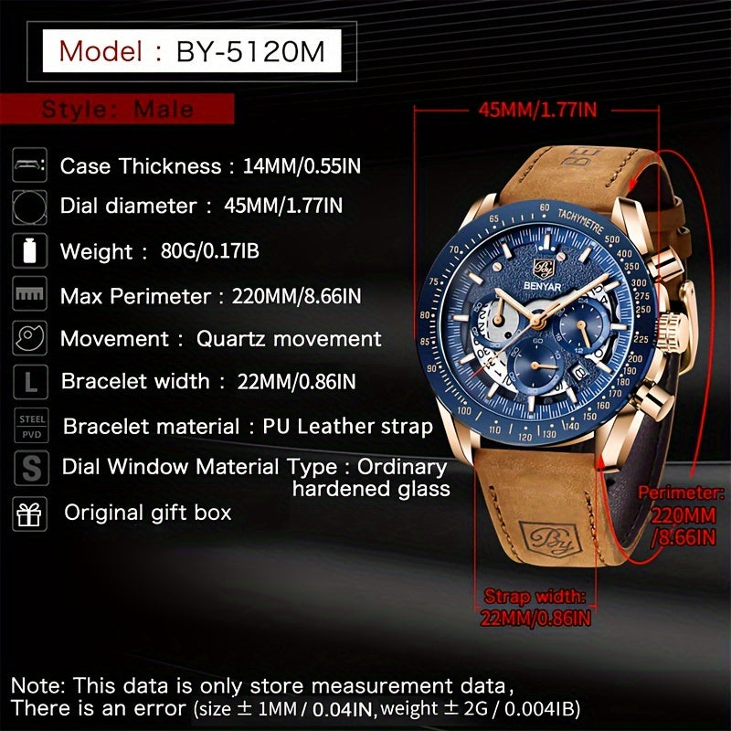 Benyar Chronograph Men's Watch - Analog Quartz Stylish Sports Wristwatch - Elegant Father's Day Gift