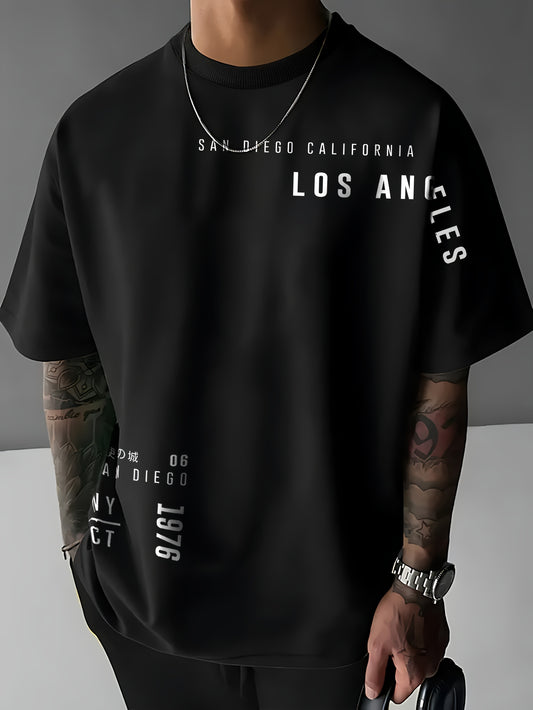 Men'S Fashion Graphic T-Shirt, Polyester Knit Fabric, Street Style, Loose Fit, with "LOS ANGELES" Print, for Summer Casual Short-Sleeve Crew Neck Tee with Slight Stretch