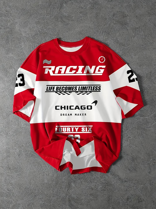 Large Size Men's Racing Icon Pattern T-Shirt - Casual Streetwear, Breathable and Sporty, Round Neck Short Sleeve, Summer Fashion Top, Unique Letter Print Design