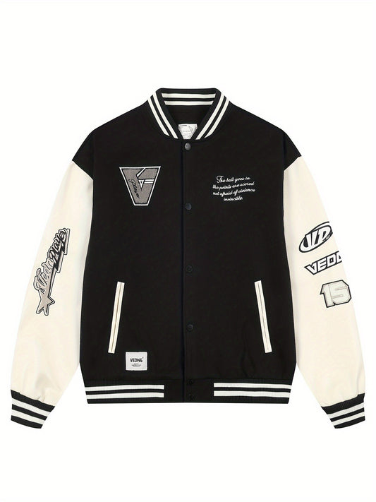 VEIDOORN Unisex Polyester Baseball Jacket with Slight Stretch, Long Sleeve, Button Closure - Sports Style Activewear with Alphabet Pattern, Baseball Collar, Knit Fabric for Adults and Teens - Suitable for Fall/Winter and Week