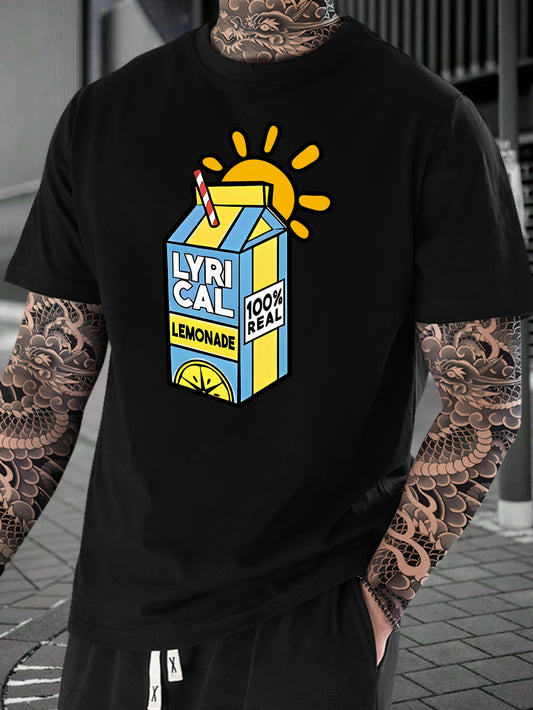 Lemonade Print, Men's Crew Neck Short Sleeve Fashion T-Shirt, Casual Comfy Top For Spring & Summer Holiday Leisure Vacation, Men's Clothing As Gift