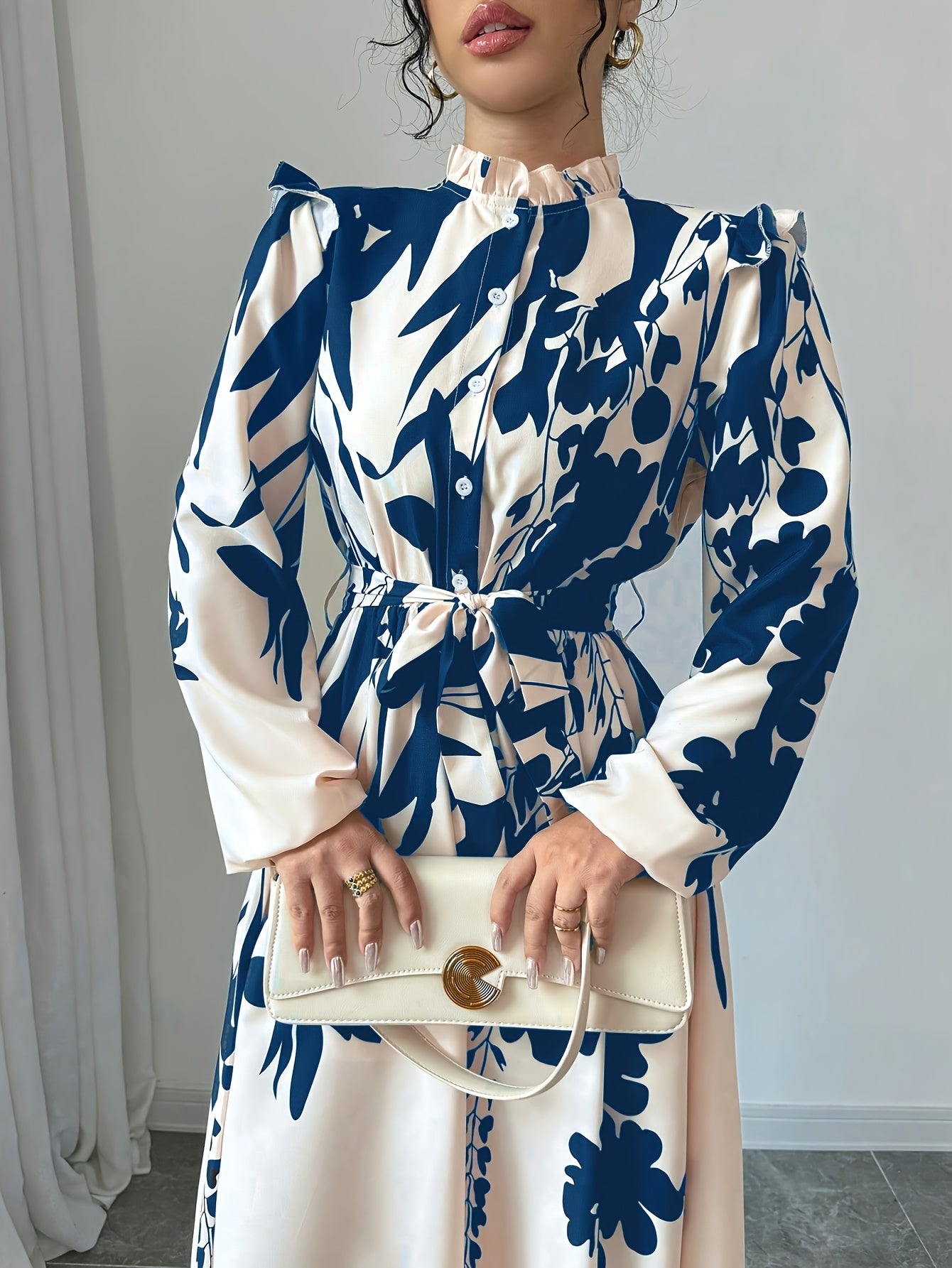 [1pc Floral Print A-Line Dress] 1pc Women'S Floral Print A-Line Dress with Waist Cinching, Polyester Fiber, Classic Collar, Autumn/Winter Season, 120g/m² Fabric Weight, 50g/m² Lining