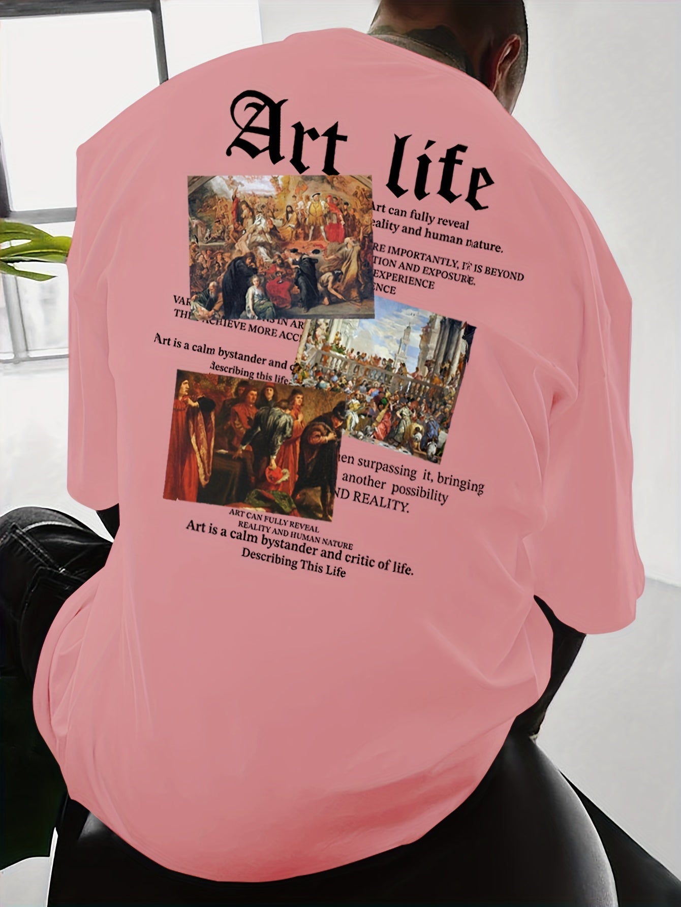 Men's Art Life Printed T-Shirt, Casual Loose Fit Round Neck Short Sleeve Tee, Polyester Blend, Vintage Oil Painting & Lettering Design, Summer Fashion Top for Men