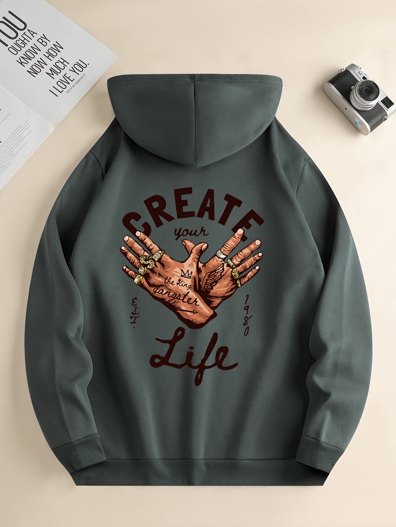 1pc Men'S Casual Street Gang Gesture Print Hoodie, Polyester Knit Fabric with Slight Stretch, Regular Fit Hooded Sweatshirt with Drawstring and Kangaroo Pocket, All-Season Top