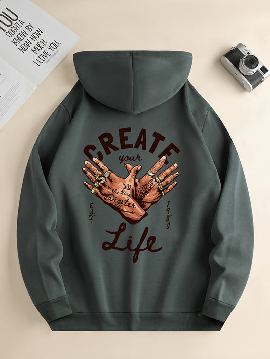 1pc Men'S Casual Street Gang Gesture Print Hoodie, Polyester Knit Fabric with Slight Stretch, Regular Fit Hooded Sweatshirt with Drawstring and Kangaroo Pocket, All-Season Top