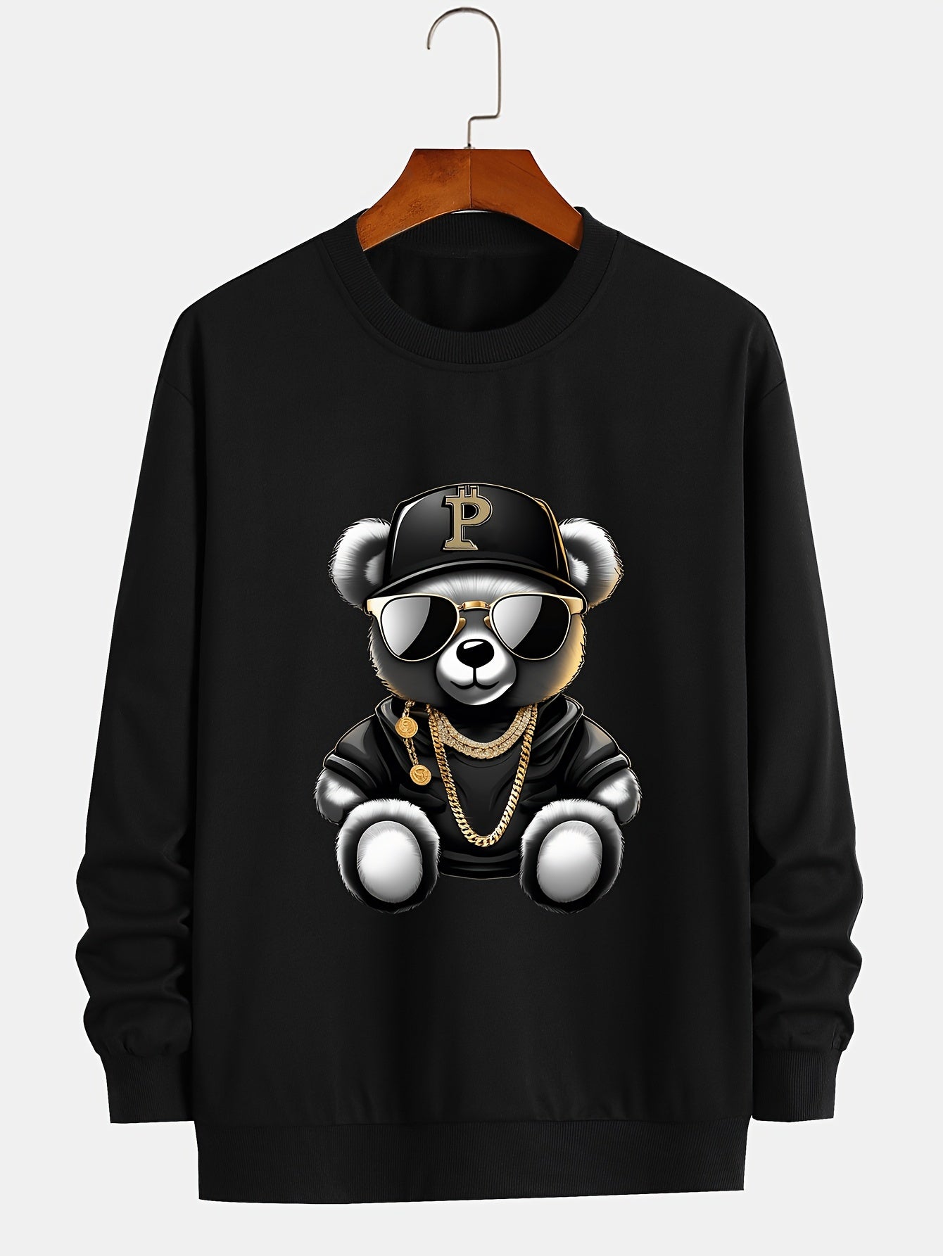 Men's Casual Long Sleeve Crew Neck Sweatshirt with Cool Bear Print - Soft Polyester Blend, Perfect for Fall & Winter
