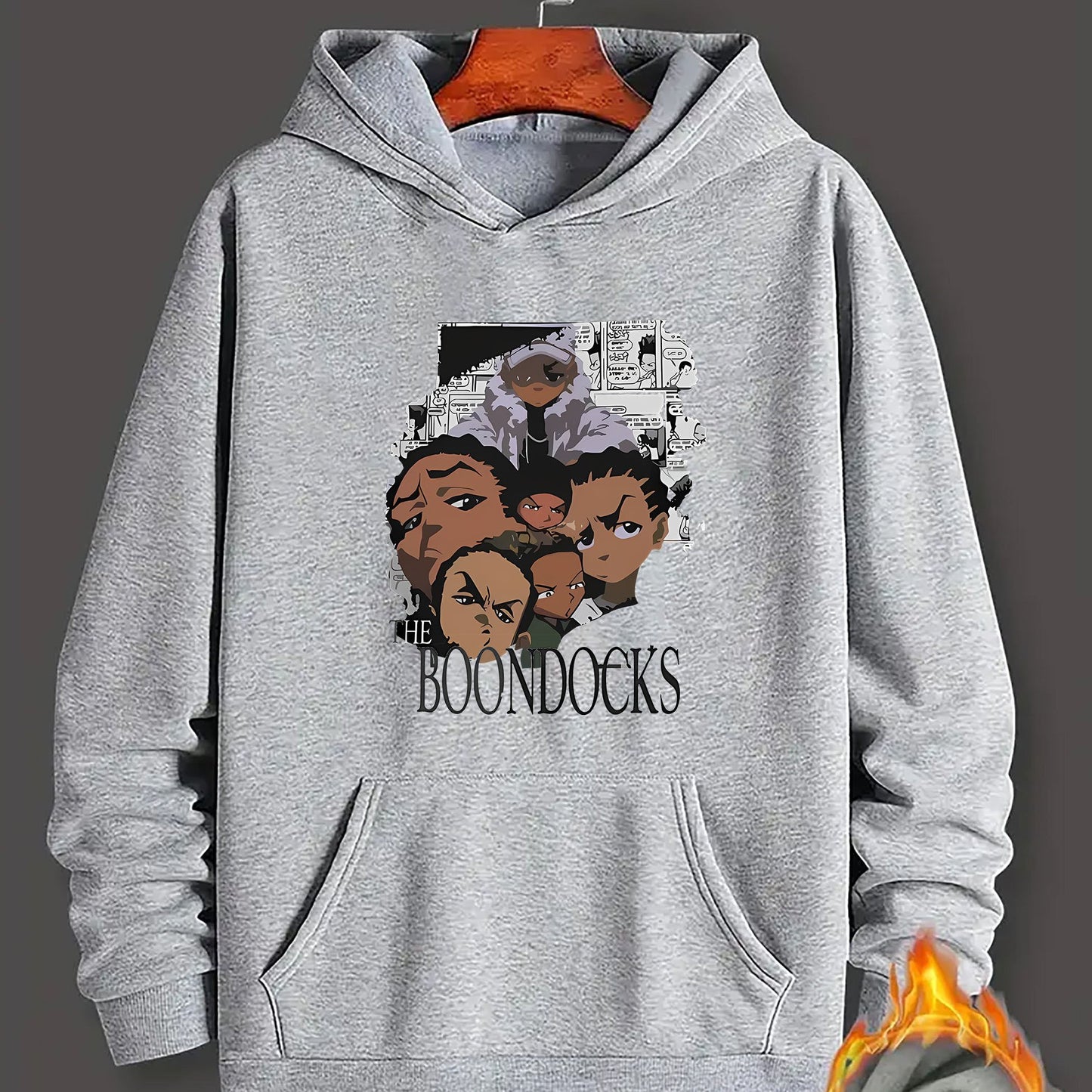 Boondocks Graphic Print Hoodie for Men - Casual Knit Polyester 100% Pullover with Kangaroo Pocket, Long Sleeve Loose Fit Hooded Sweatshirt for All Seasons, Geometric Cartoon Character Design Top