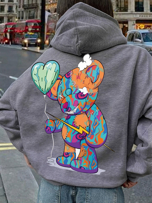 1pc Winter Cartoon Bear Applique Hoodie for Women, Cute Polyester Knit Fabric Hooded Sweatshirt with Heart Balloon Design