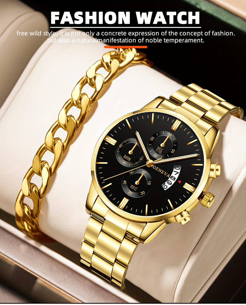 2PCS Fashion Mens Bracelet Watches Set Men Business Stainless Steel Quartz Watch Male Calendar Date Wristwatch
