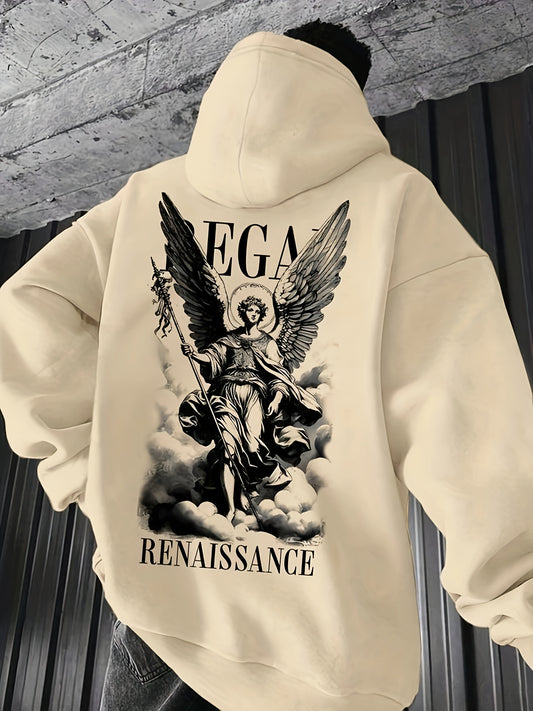 1pc Men'S Casual French Terry Hoodie with Angel Renaissance Print, Non-Stretch Knit Fabric, Loose Fit with Pockets, Alphabet Pattern, Comfortable Commuter Fashion Sweatshirt