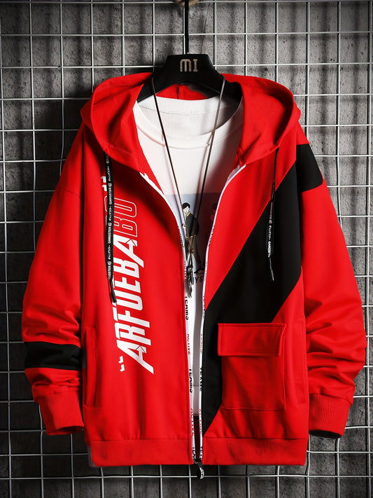 Men's Casual Hoodie with Geometric Print - Cozy & Warm Zip-Up Jacket for Fall/Winter, Polyester Blend, Young Fashion, Sports