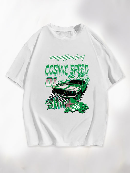 Men's Cosmic Speed Car Print Graphic T-Shirt - Oversized Casual Tee for Summer Comfort and Style