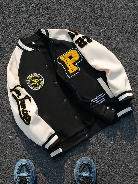 Men's Stylish Embroidered Letter Varsity Jacket - Casual Baseball Collar, Button-Up, Machine Washable - Perfect for Fall & Winter