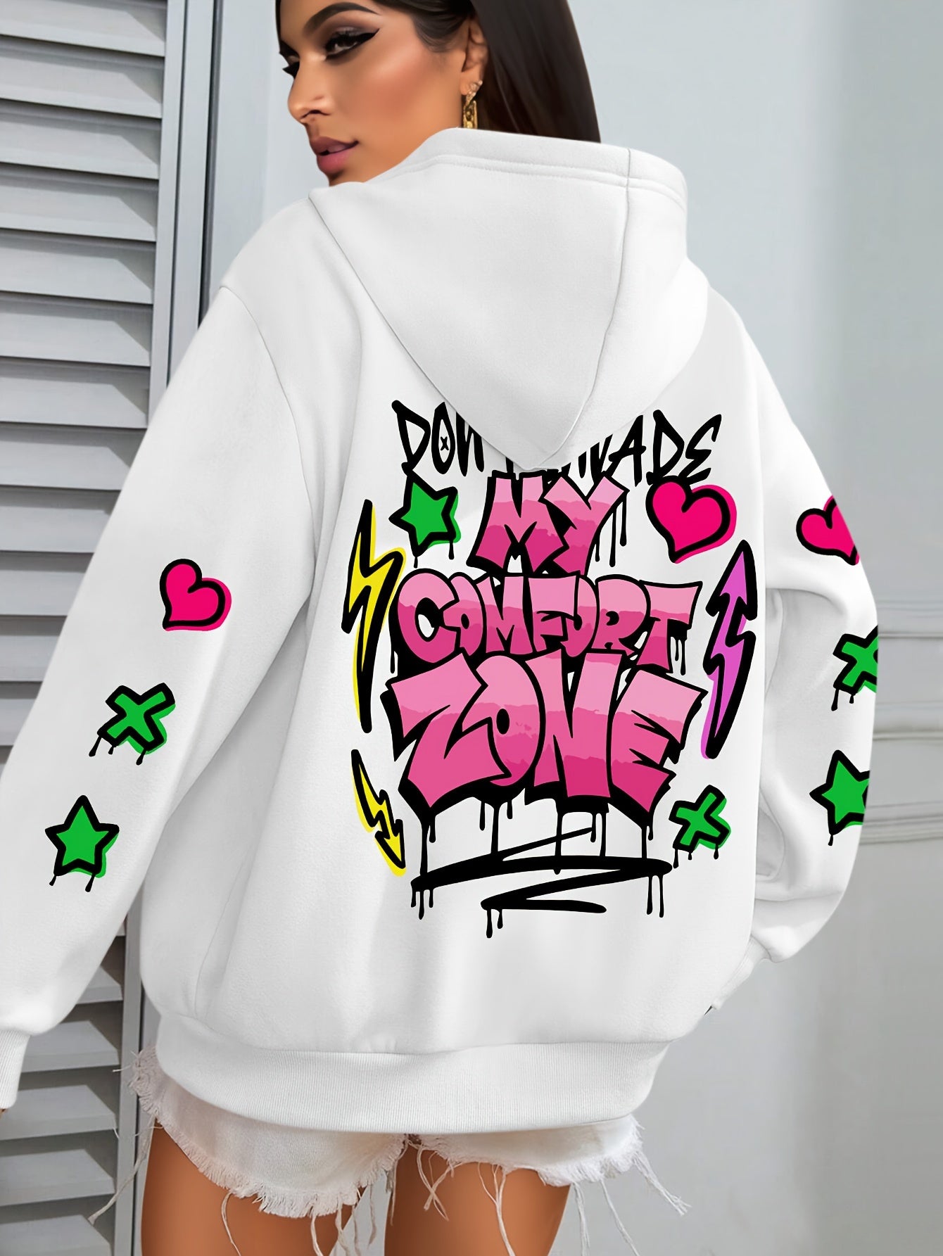 Women's Plus Size Graffiti-Style Hoodie - Casual Long Sleeve with Pocket, Purple "MY COMFORT ZONE" Graphic Hooded Sweatshirt for Fall & Winter, Cozy Pullover | Graffiti Print Hoodie | Fleecelined Comfort, Sweater Hoodie