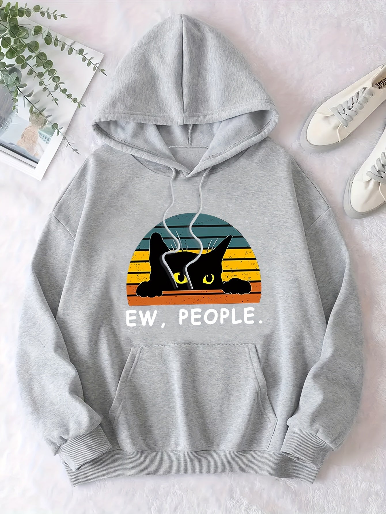 Cat Print Kangaroo Pocket Hoodie, Casual Long Sleeve Drawstring Hoodies Sweatshirt, Women's Clothing