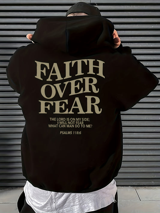 Men's Casual Fleece-Lined Hoodie with Letter Print - Cozy Pullover Sweatshirt, Kangaroo Pocket, Long Sleeve, Polyester Blend