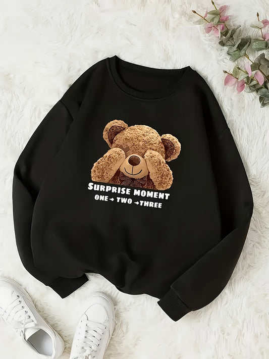 Women'S Long Sleeve Round Neck Sweatshirt with Bear Print, Casual Sports Hoodie, Polyester, Solid Color, No Belt, All-Season, Knitted Fabric, Adult Top