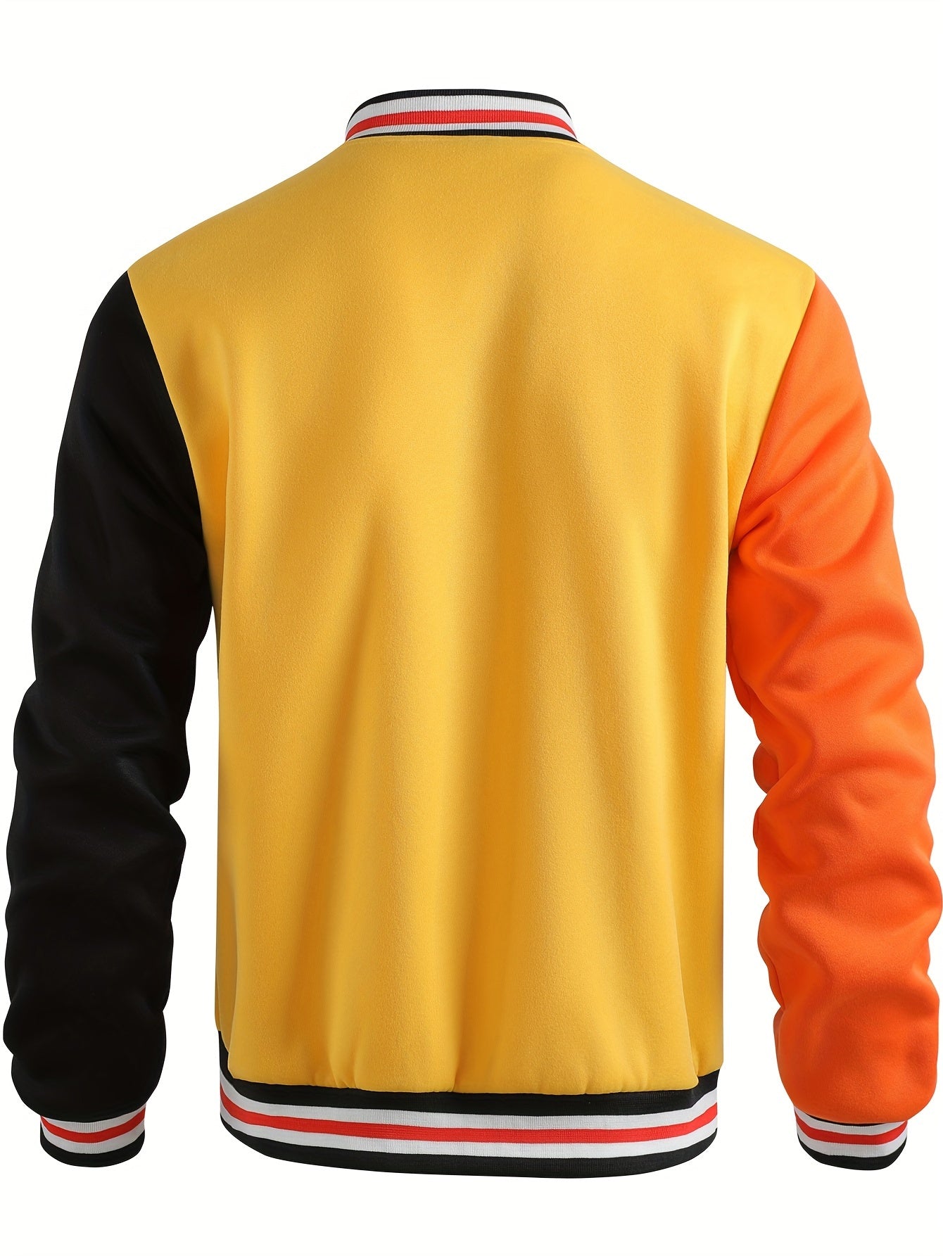 Men's Casual Letter Print Embroidered Color Block Street Style Outdoor Sports Baseball Jacket with Knitted Fabric, Long Sleeve, Baseball Collar, Single Button Closure, and Pocket Details