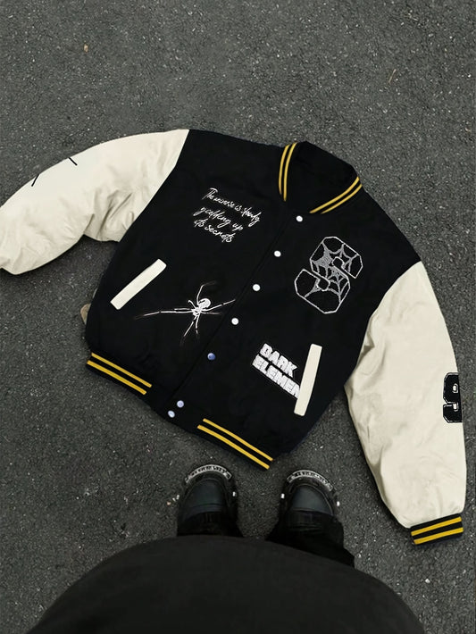 Trendy Fall Fashion Two-Piece Set: Casual Spider & "Remember My Name" Print Baseball Jacket with Pockets - Polyester, Snap Closure, Long Sleeves for Couples