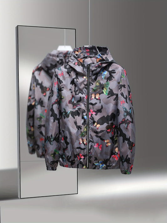 Men'S Elegant Butterfly Print Hooded Coat, Casual Polyester 100% Long Sleeve Zipper Jacket, Non-Stretch Woven Fabric, Regular Fit for Fall/Winter - Spring 2025 Trendy Sports Wear