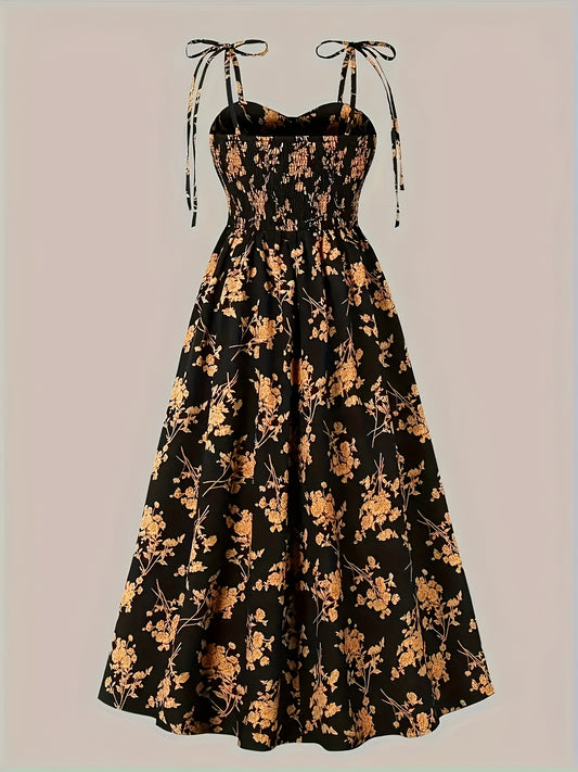 [Floral Off-Shoulder Dress] Blue Off-Shoulder Floral Midi Dress for Women - A-Line Polyester Tie Straps Machine Washable - Elegant Y2K Summer