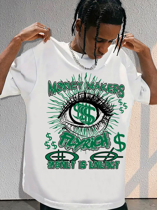 Y2K-Inspired Retro Green Eyes & Money Graphic Tee - Soft Cotton, Casual Hip Hop Style Men's T-Shirt with Round Neck and Short Sleeves
