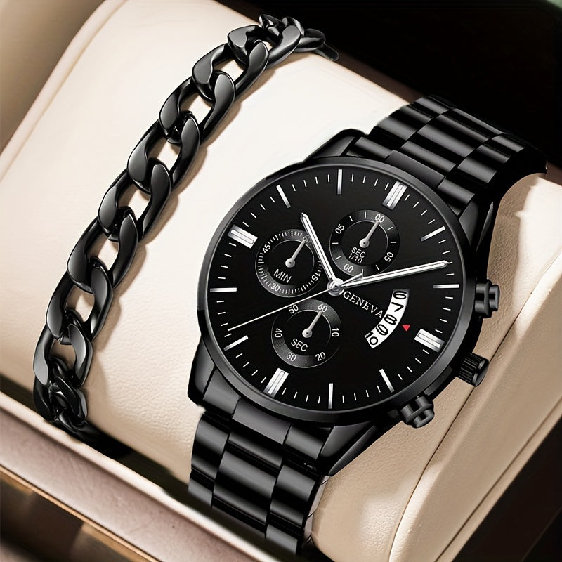 2PCS Fashion Mens Bracelet Watches Set Men Business Stainless Steel Quartz Watch Male Calendar Date Wristwatch