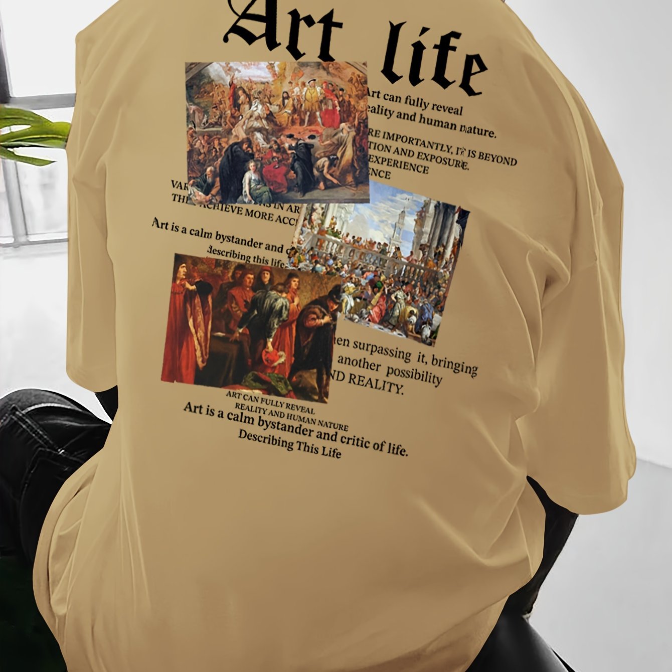 Men's Art Life Printed T-Shirt, Casual Loose Fit Round Neck Short Sleeve Tee, Polyester Blend, Vintage Oil Painting & Lettering Design, Summer Fashion Top for Men