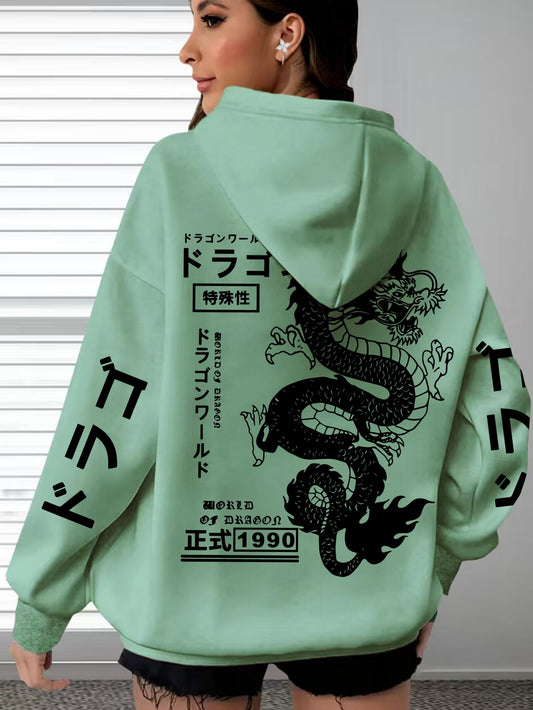 Women's Plus Size Casual Hoodie with Dragon & Letter Print - Cozy Knit, Long Sleeve, Drawstring Pullover
