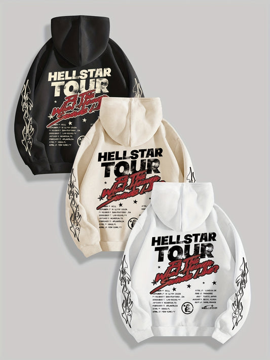 Hellstar Tour Graphic Hoodie, Unisex Print Drop Shoulder Crew Neck Sweatshirt, Casual Long Sleeve Pullover for Men, 100% Polyester Knit Fabric, Slight Stretch, Animal Pattern, Regular Fit - 250gsm