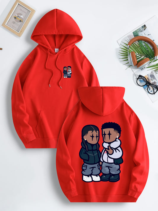Hip-Hop Cartoon Print Hoodie with Drawstring Pocket - Cozy Fleece-Lined Casual Sportswear, Long Sleeve, Polyester, Machine Washable, Insulated, Front And Back Pattern