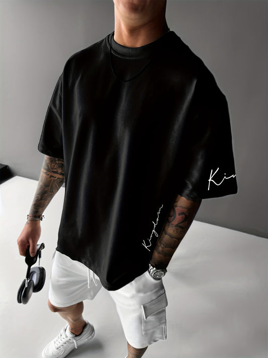 Men's Casual Letter Print Oversized Shoulder Drop Short Sleeve T-Shirt - Polyester Knit Fabric, Loose Fit, Round Neck, Summer Collection