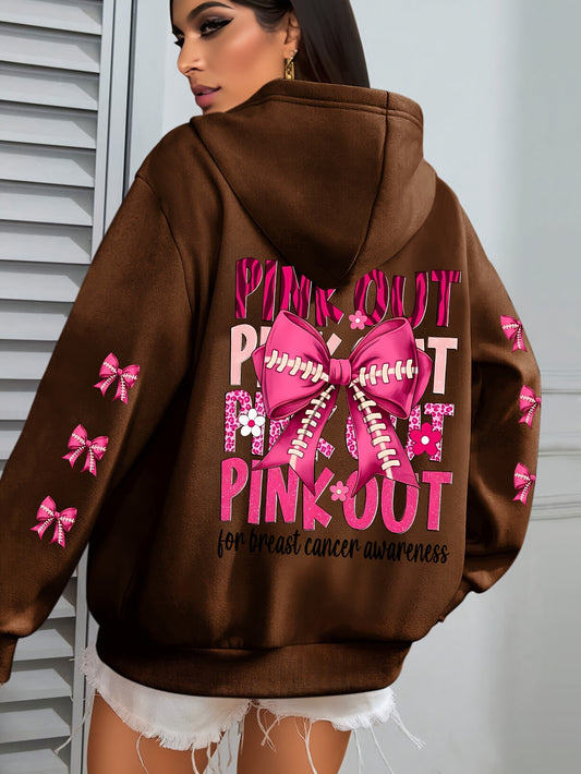 Women'S Plus Size Hoodie with Pink Ribbon Bowknot Print, Casual Long Sleeve Pullover with Pocket, 100% Polyester Knit Fabric, Slight Stretch, Fall/Winter Hooded Sweatshirt, Breast Cancer Awareness Design